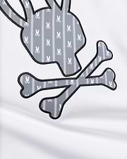 MENS JADEN APPLIQUÉ GRAPHIC TEE featuring a large white jersey fabric with a grey and white patterned bunny skull and crossbones appliqué, outlined in black embroidery.