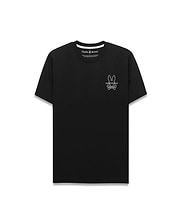Premium Black Mens Piers Back Graphic Tee, a refined streetwear classic fit soft jersey t-shirt featuring a small white embroidered Psycho Bunny skull logo on the left chest.
