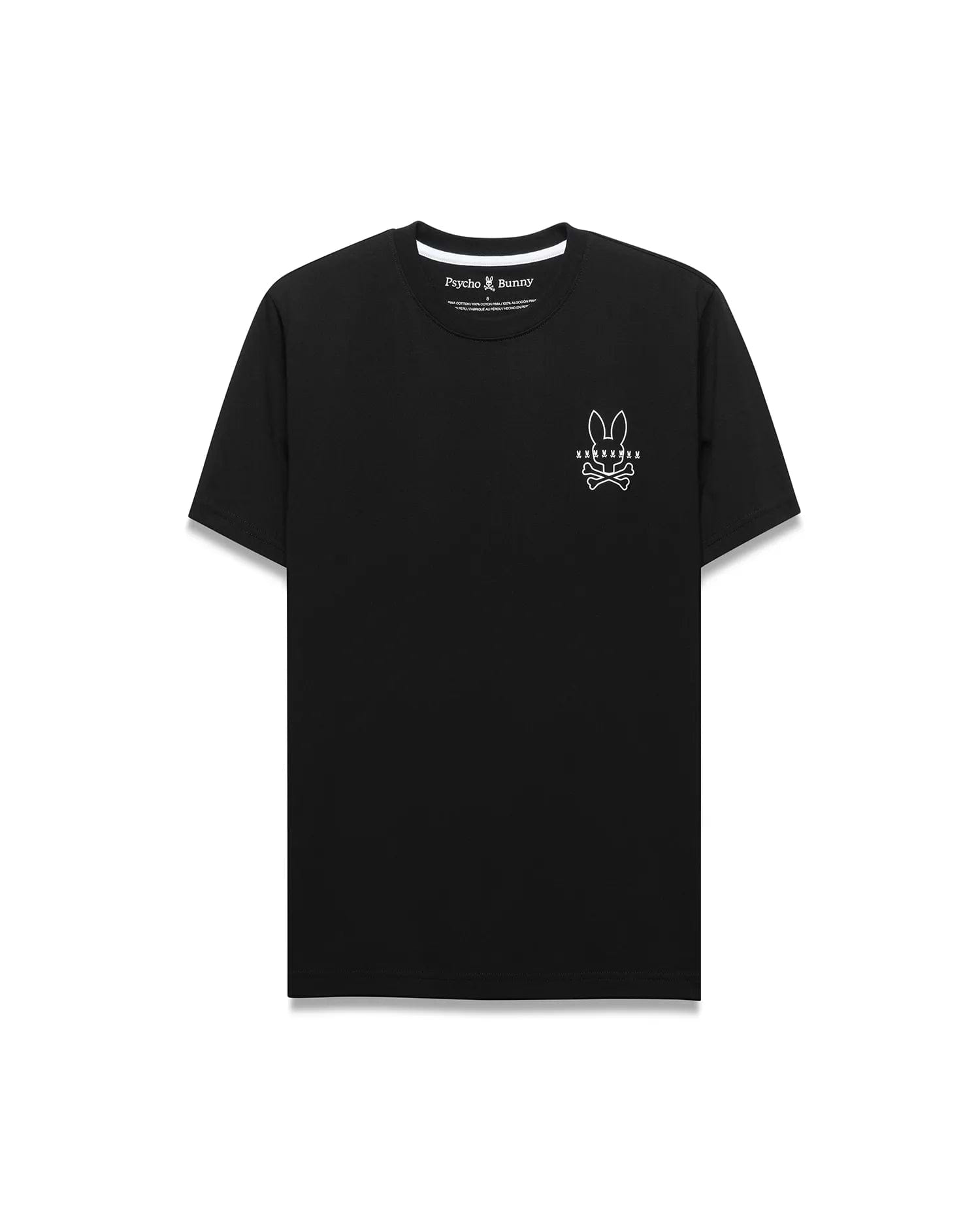 Premium Black Mens Piers Back Graphic Tee, a refined streetwear classic fit soft jersey t-shirt featuring a small white embroidered Psycho Bunny skull logo on the left chest.
