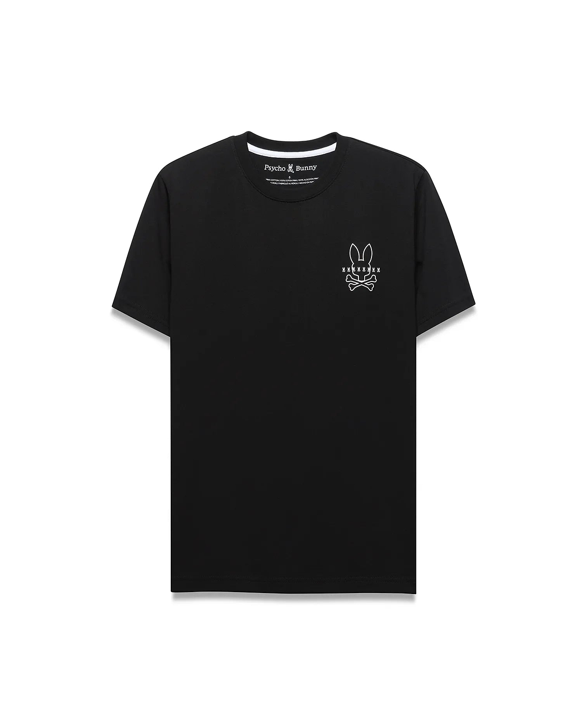 Premium Black Mens Piers Back Graphic Tee, a refined streetwear classic fit soft jersey t-shirt featuring a small white embroidered Psycho Bunny skull logo on the left chest.