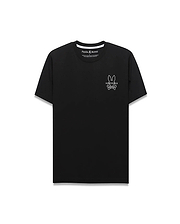 Premium Black Mens Piers Back Graphic Tee, a refined streetwear classic fit soft jersey t-shirt featuring a small white embroidered Psycho Bunny skull logo on the left chest.
