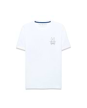 Mens Piers Pima Cotton Back Graphic Tee, white classic fit jersey with small navy embroidered Psycho Bunny skull logo on left chest and blue neck tape.