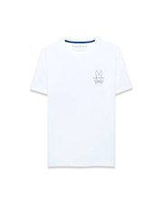 Mens Piers Pima Cotton Back Graphic Tee, white classic fit jersey with small navy embroidered Psycho Bunny skull logo on left chest and blue neck tape.