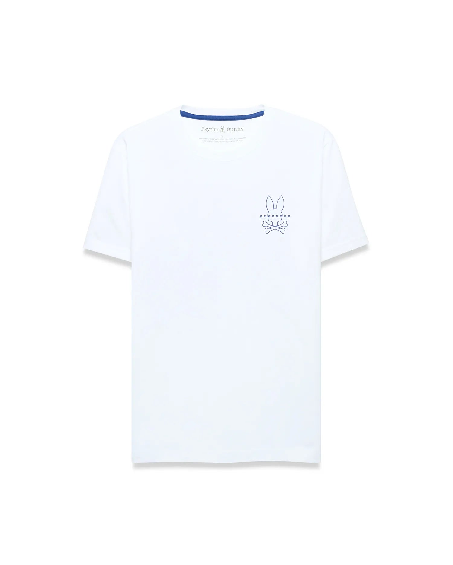 Mens Piers Pima Cotton Back Graphic Tee, white classic fit jersey with small navy embroidered Psycho Bunny skull logo on left chest and blue neck tape.