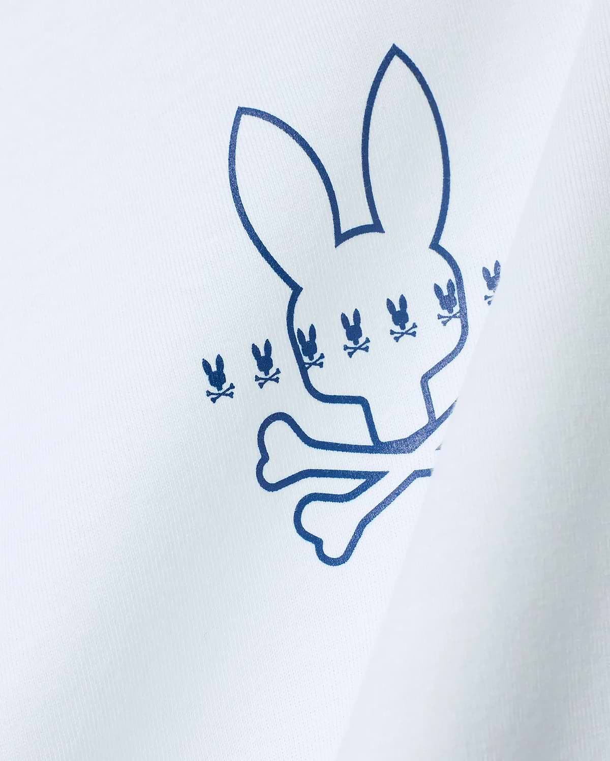 White Mens Piers Pima Cotton Back Graphic Tee with a large blue outline Psycho Bunny skull logo, detailed with smaller repeating blue bunny skull graphics on soft Pima cotton jersey.