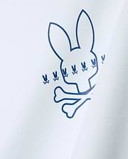White Mens Piers Pima Cotton Back Graphic Tee with a large blue outline Psycho Bunny skull logo, detailed with smaller repeating blue bunny skull graphics on soft Pima cotton jersey.