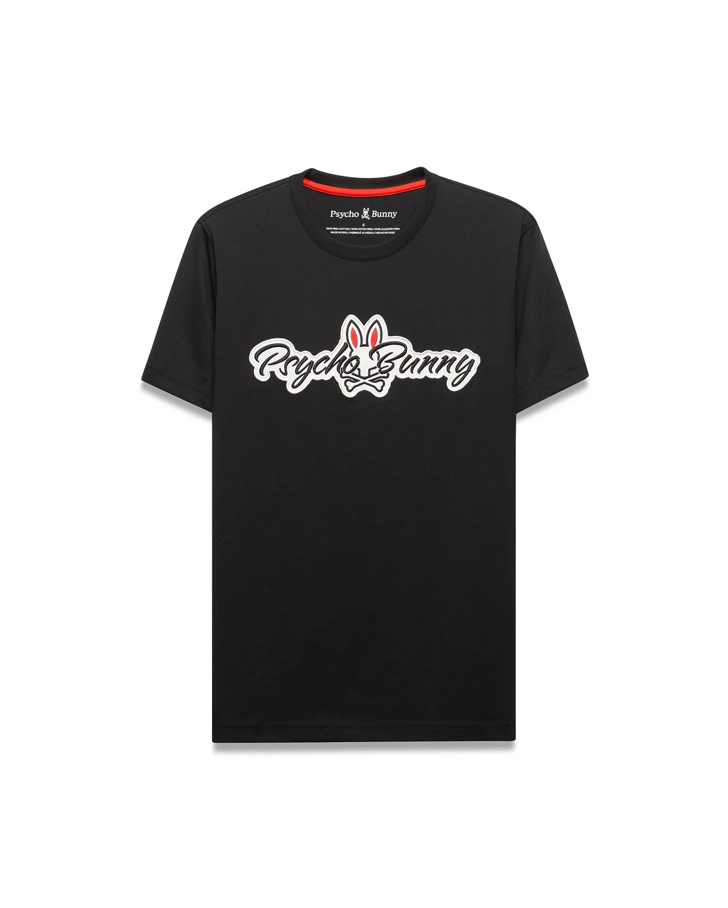 Black Mens Jaydon Wordmark Graphic Tee in classic fit jersey, featuring a large central white script Psycho Bunny wordmark with red outline and bunny skull logo, plus red neck tape.