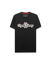 Black Mens Jaydon Wordmark Graphic Tee in classic fit jersey, featuring a large central white script Psycho Bunny wordmark with red outline and bunny skull logo, plus red neck tape.
