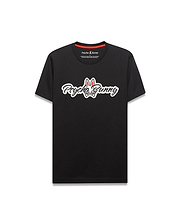 Black Mens Jaydon Wordmark Graphic Tee in classic fit jersey, featuring a large central white script Psycho Bunny wordmark with red outline and bunny skull logo, plus red neck tape.