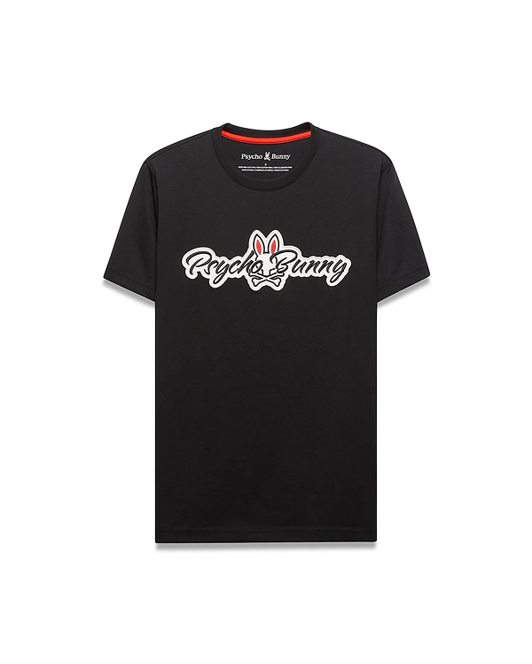 Black Mens Jaydon Wordmark Graphic Tee in classic fit jersey, featuring a large central white script Psycho Bunny wordmark with red outline and bunny skull logo, plus red neck tape.