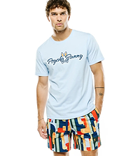 Mens Jaydon Wordmark Graphic Tee, a light blue classic fit jersey t-shirt featuring a large blue script Psycho Bunny wordmark and orange and white bunny skull logo on the chest.