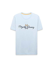 Mens Jaydon Wordmark Graphic Tee, a light blue classic fit jersey t-shirt featuring a large central Psycho Bunny wordmark logo in white with navy outline and orange bunny skull, plus orange neck tape.