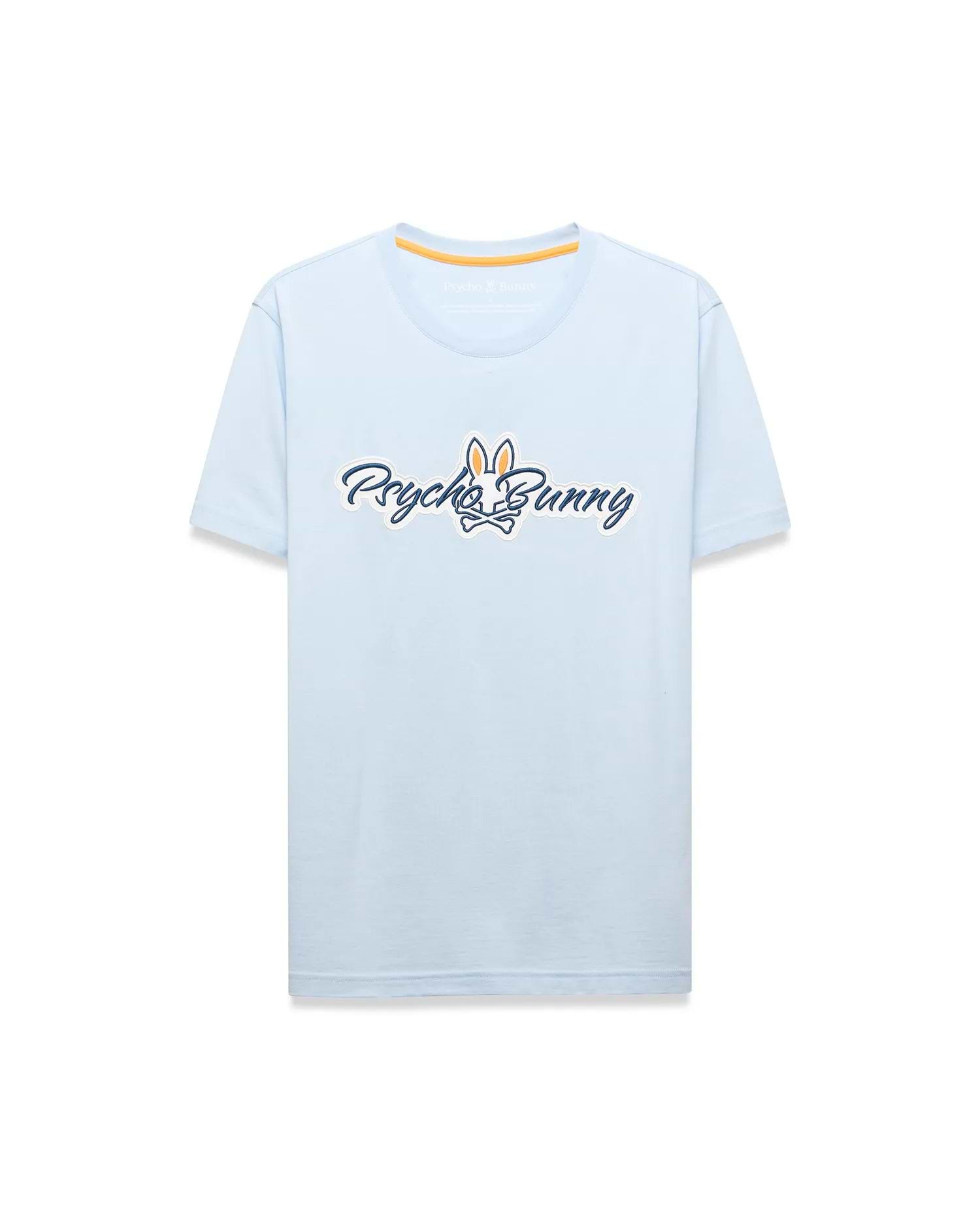 Mens Jaydon Wordmark Graphic Tee, a light blue classic fit jersey t-shirt featuring a large central Psycho Bunny wordmark logo in white with navy outline and orange bunny skull, plus orange neck tape.