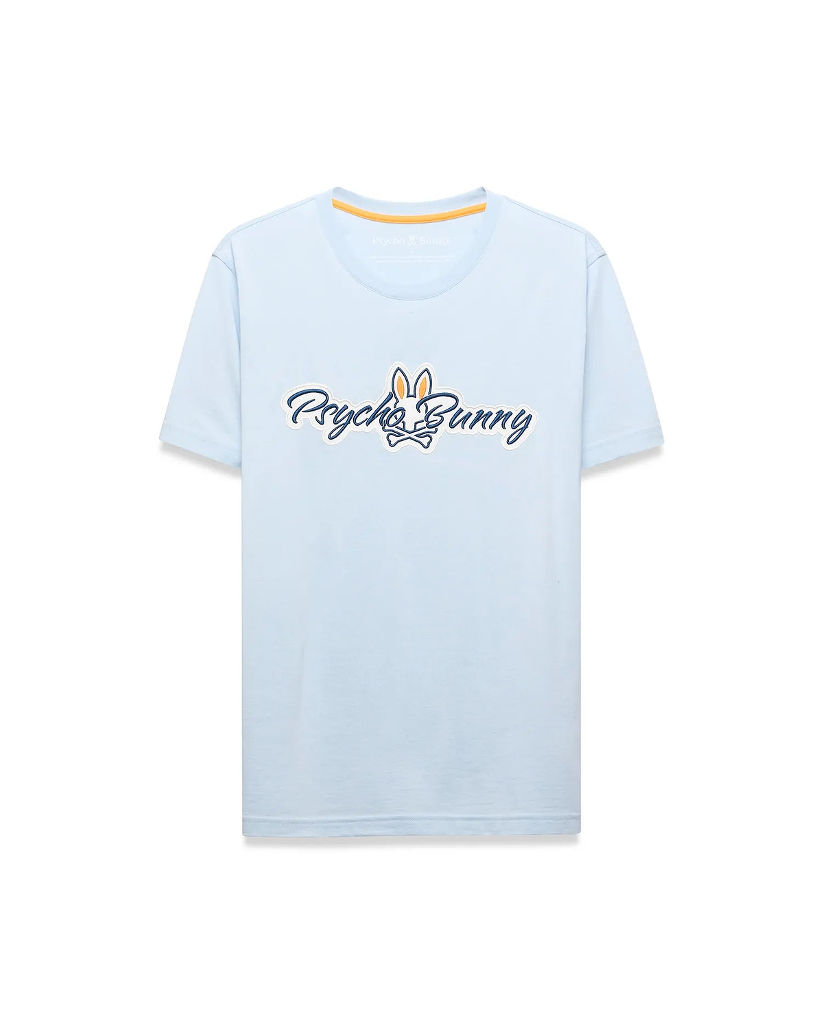 Mens Jaydon Wordmark Graphic Tee, a light blue classic fit jersey t-shirt featuring a large central Psycho Bunny wordmark logo in white with navy outline and orange bunny skull, plus orange neck tape.