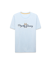 Mens Jaydon Wordmark Graphic Tee, a light blue classic fit jersey t-shirt featuring a large central Psycho Bunny wordmark logo in white with navy outline and orange bunny skull, plus orange neck tape.