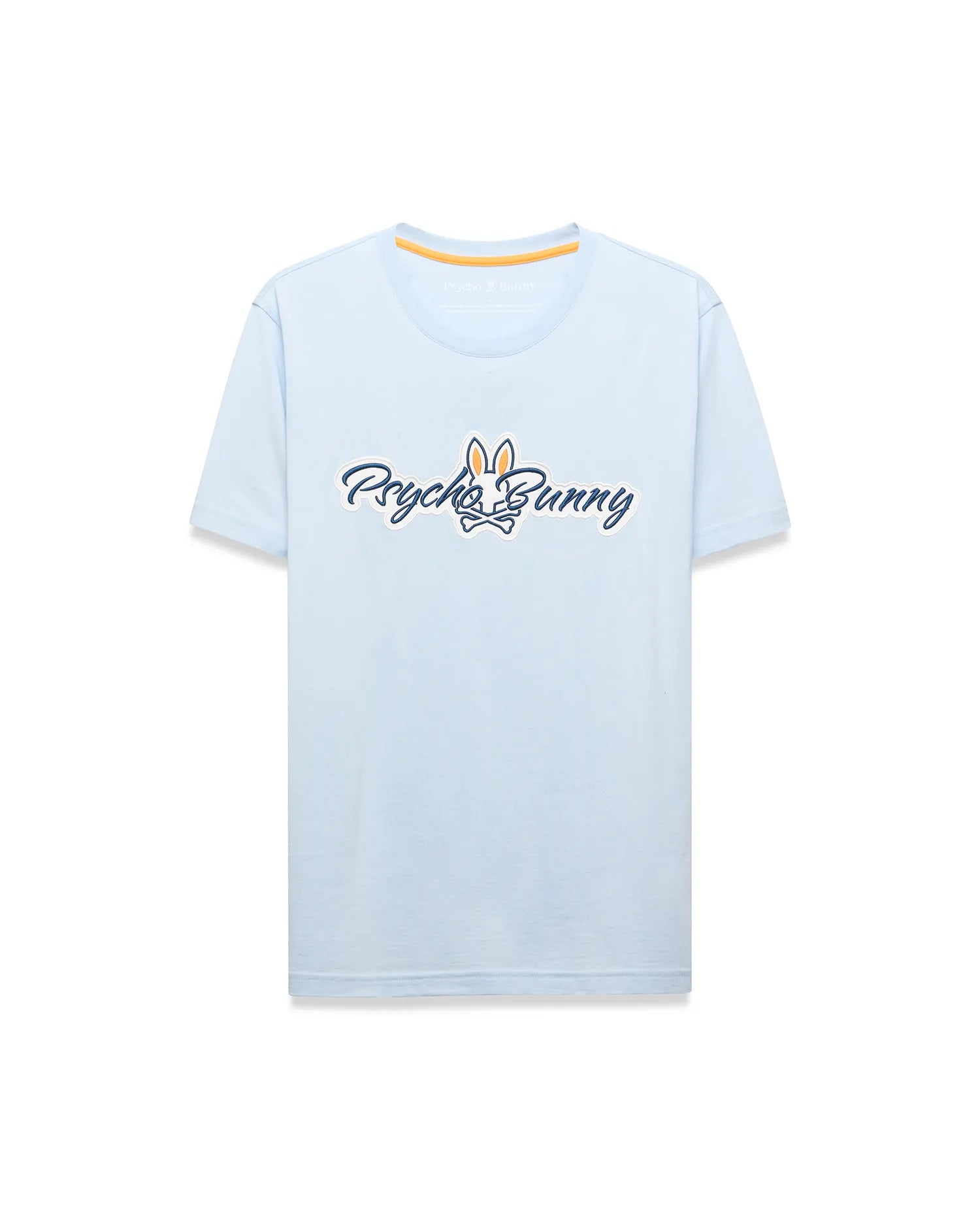 Mens Jaydon Wordmark Graphic Tee, a light blue classic fit jersey t-shirt featuring a large central Psycho Bunny wordmark logo in white with navy outline and orange bunny skull, plus orange neck tape.