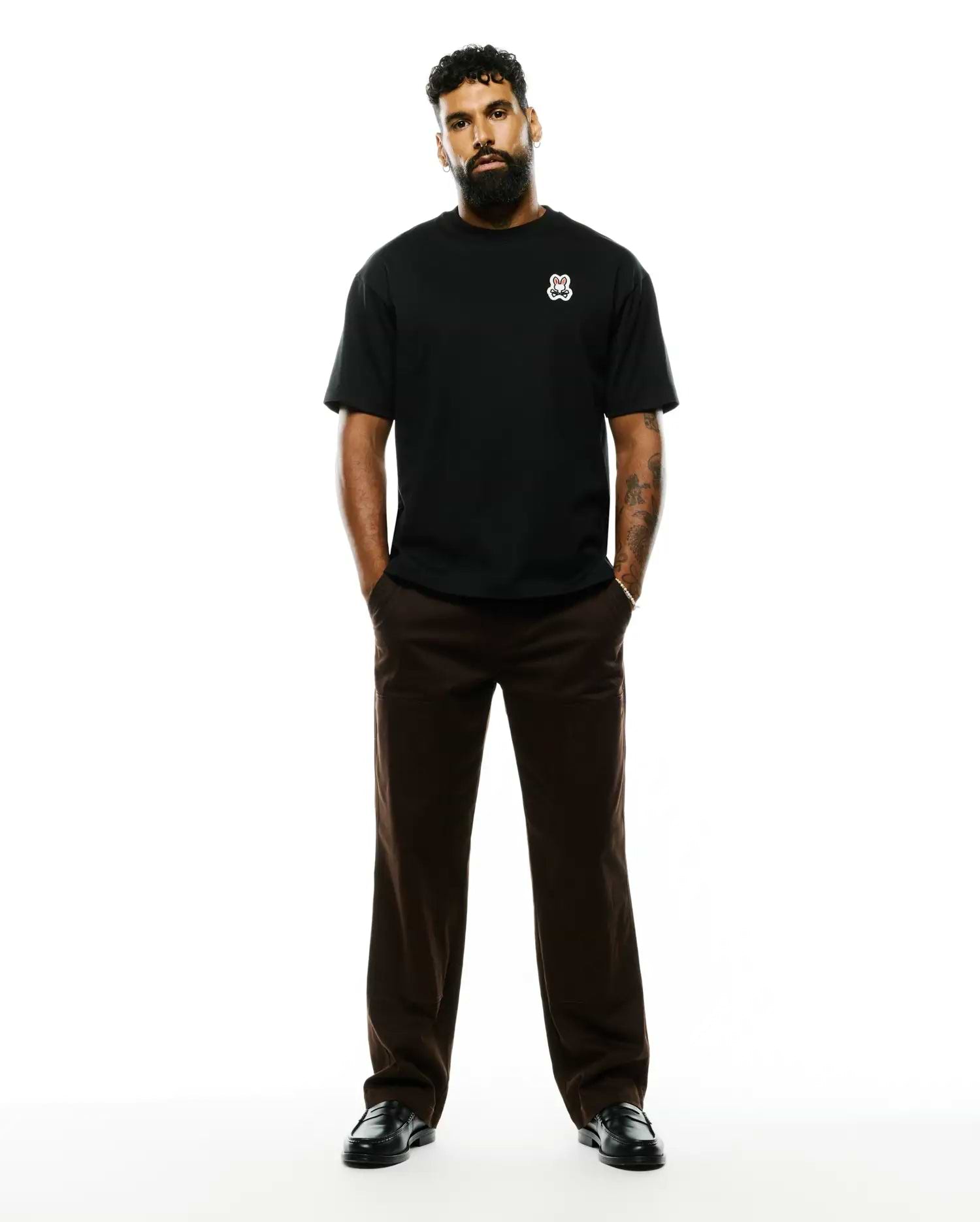 Black MENS JAYDON PIMA COTTON OVERSIZED-FIT TEE, crafted from smooth jersey, featuring a small, embroidered white, red, and black Psycho Bunny skull logo on the left chest.