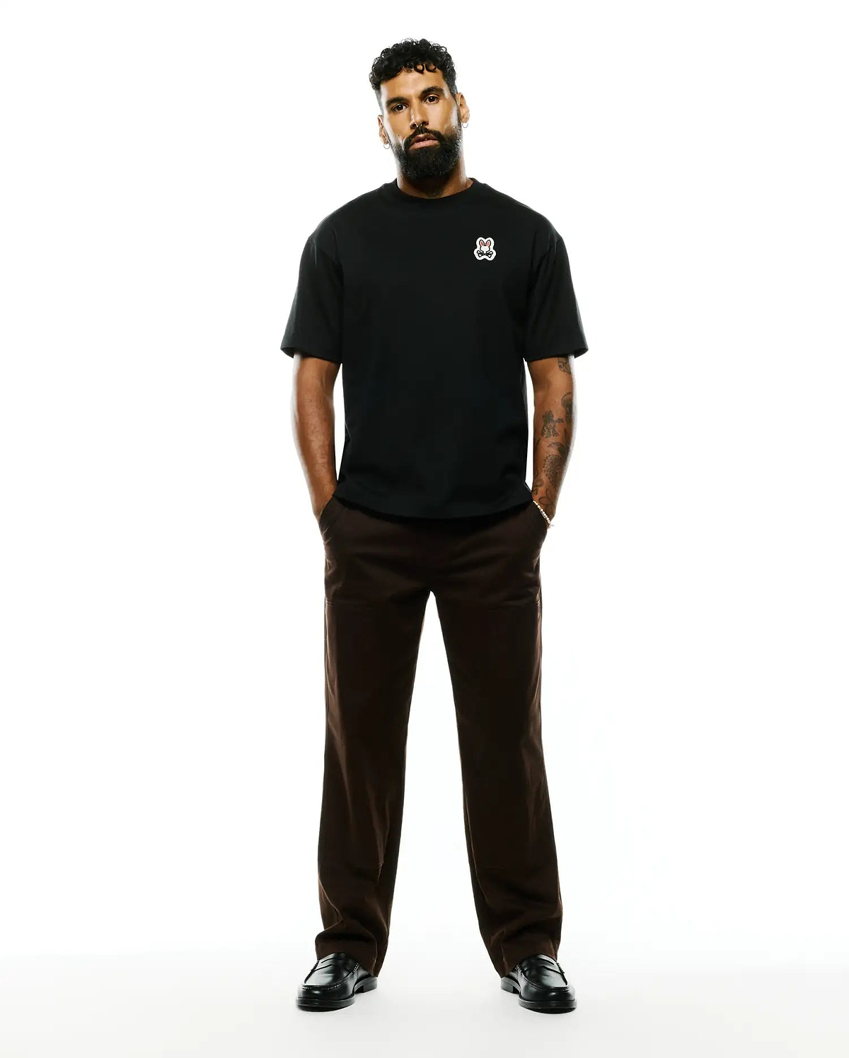 Black MENS JAYDON PIMA COTTON OVERSIZED-FIT TEE, crafted from smooth jersey, featuring a small, embroidered white, red, and black Psycho Bunny skull logo on the left chest.
