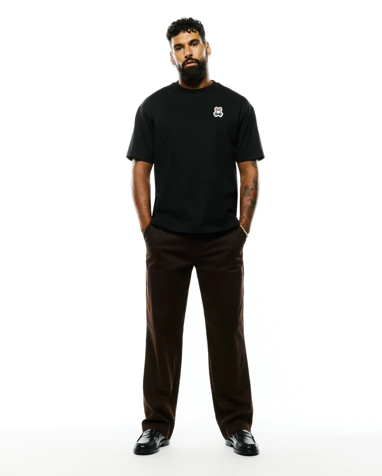Black MENS JAYDON PIMA COTTON OVERSIZED-FIT TEE, crafted from smooth jersey, featuring a small, embroidered white, red, and black Psycho Bunny skull logo on the left chest.