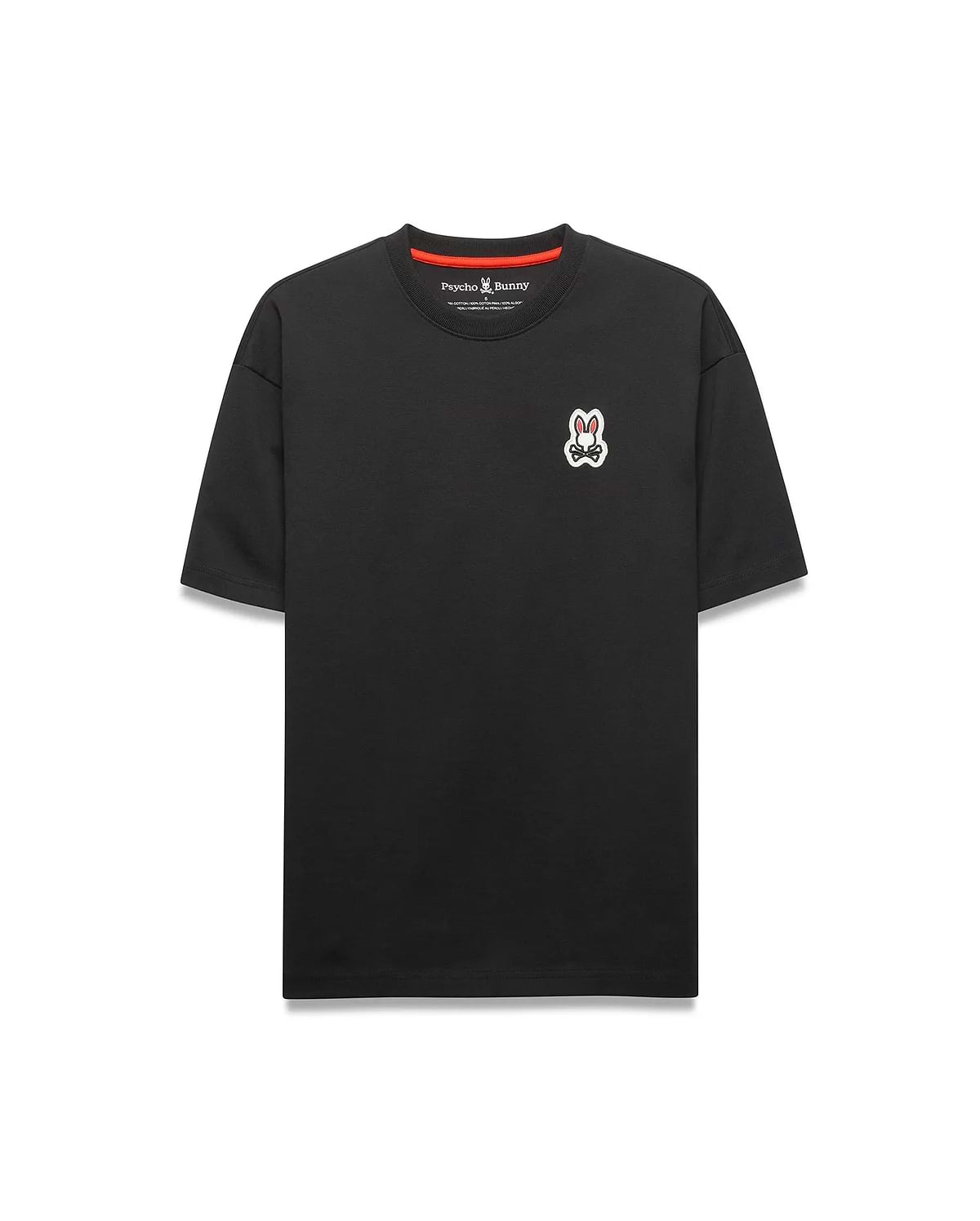 Black Mens Jaydon Relaxed Fit Tee with a red inner neckline, featuring a small embroidered white, red, and black Psycho Bunny skull logo on the left chest. Soft jersey knit, relaxed fit.