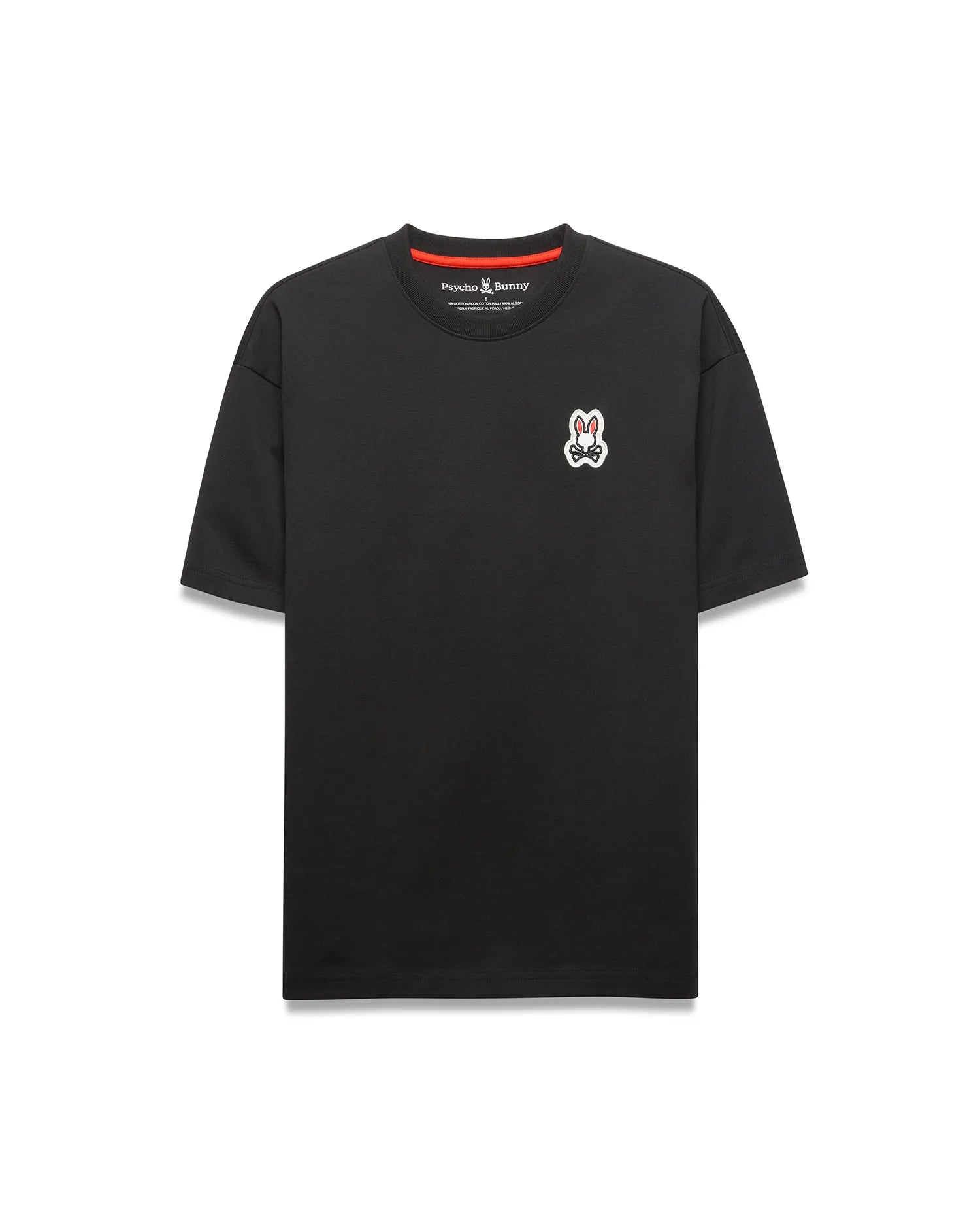 Black Mens Jaydon Relaxed Fit Tee with a red inner neckline, featuring a small embroidered white, red, and black Psycho Bunny skull logo on the left chest. Soft jersey knit, relaxed fit.