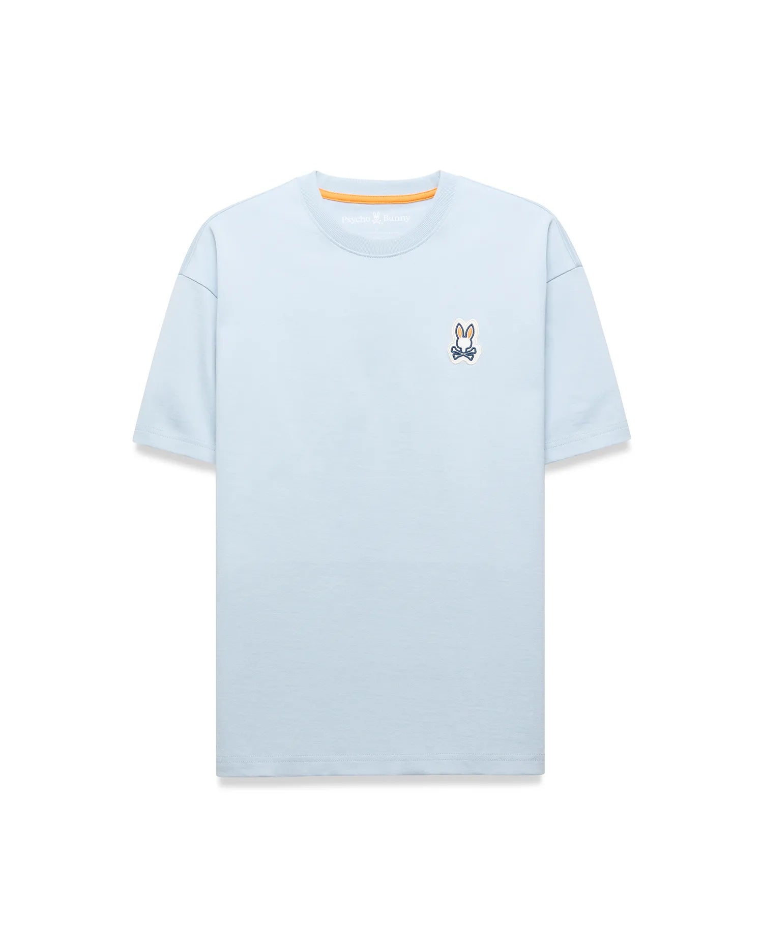 Light blue Mens Jaydon Relaxed Fit Tee in soft jersey, featuring a small embroidered Psycho Bunny skull logo on the left chest and orange neck tape.