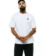 Mens Jaydon Pima Cotton Oversized-Fit Tee, a white smooth Pima cotton jersey t-shirt featuring a small black embroidered Psycho Bunny skull logo on the left chest.