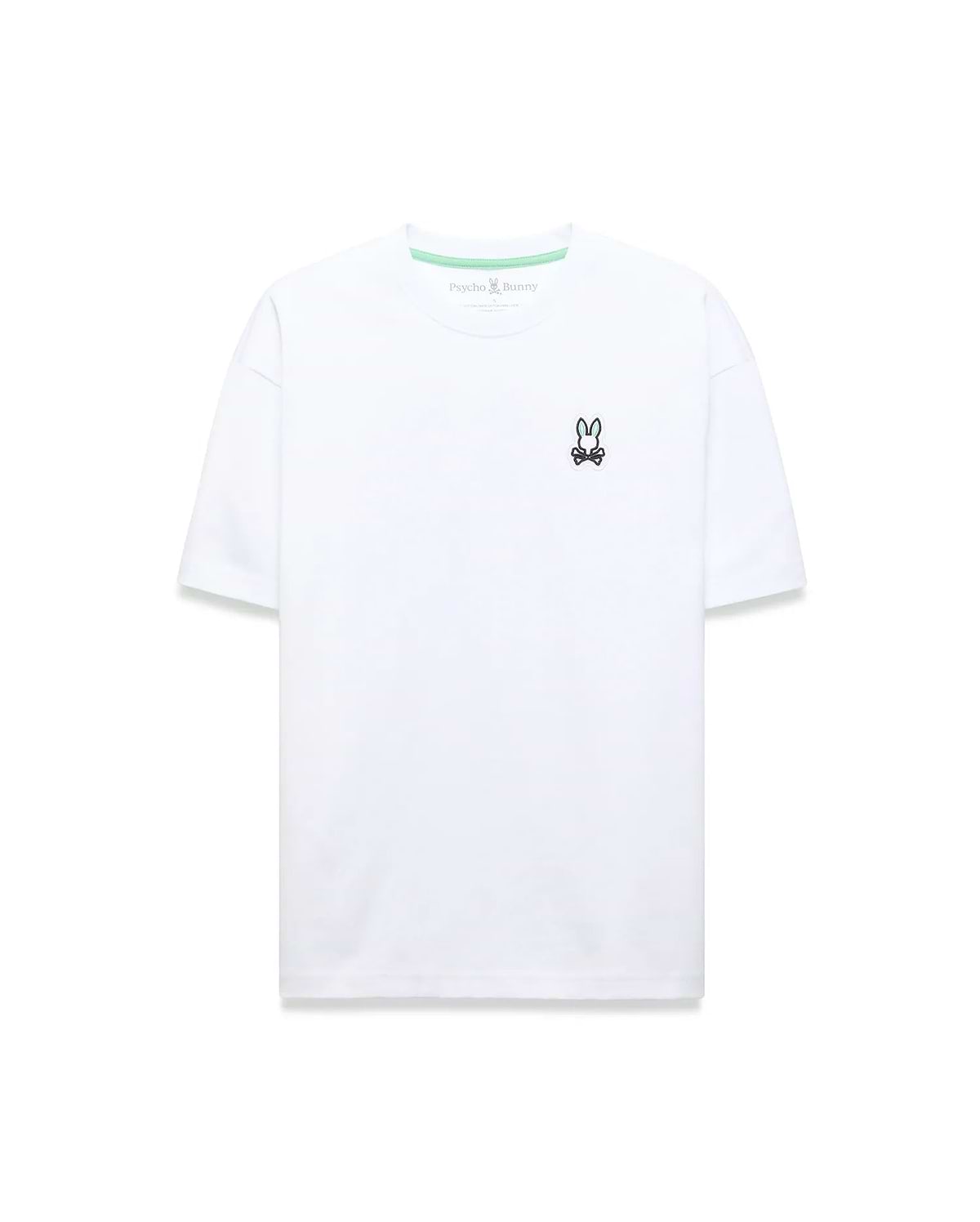 White Mens Jaydon Relaxed Fit Tee in smooth jersey knit, featuring a small embroidered Psycho Bunny skull logo on the left chest and green neck tape.