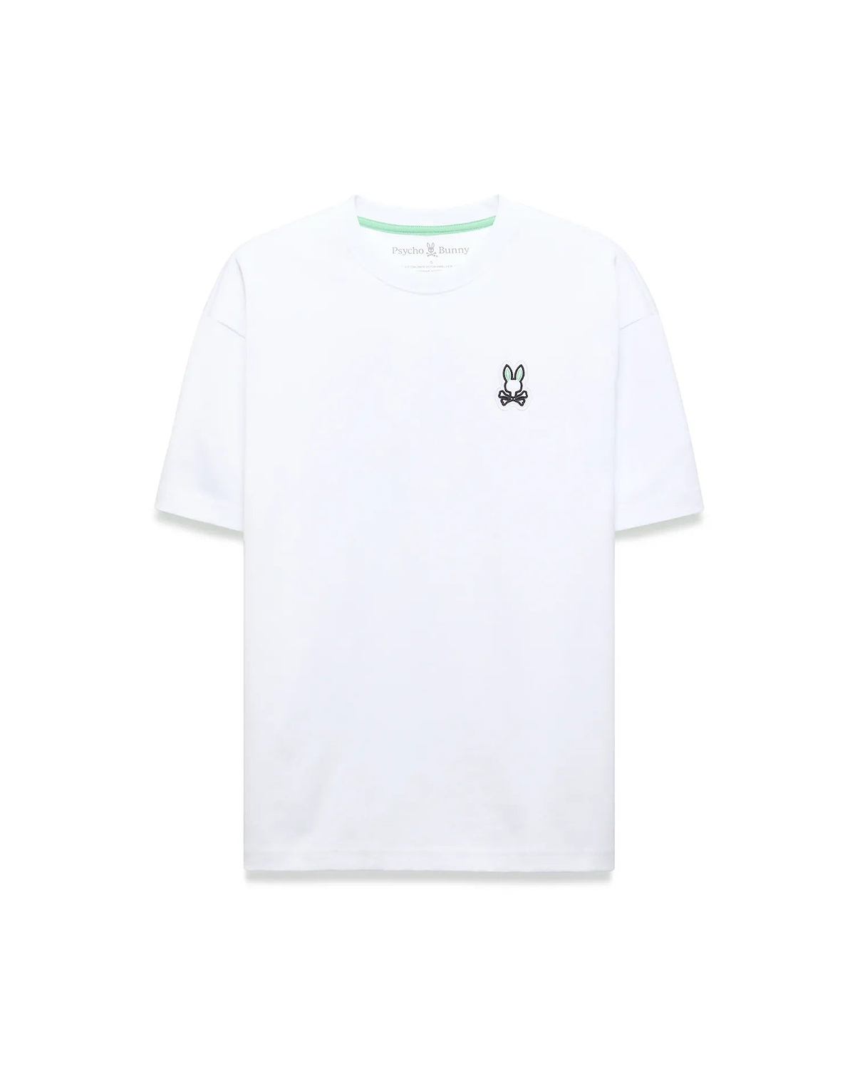 White Mens Jaydon Relaxed Fit Tee in smooth jersey knit, featuring a small embroidered Psycho Bunny skull logo on the left chest and green neck tape.