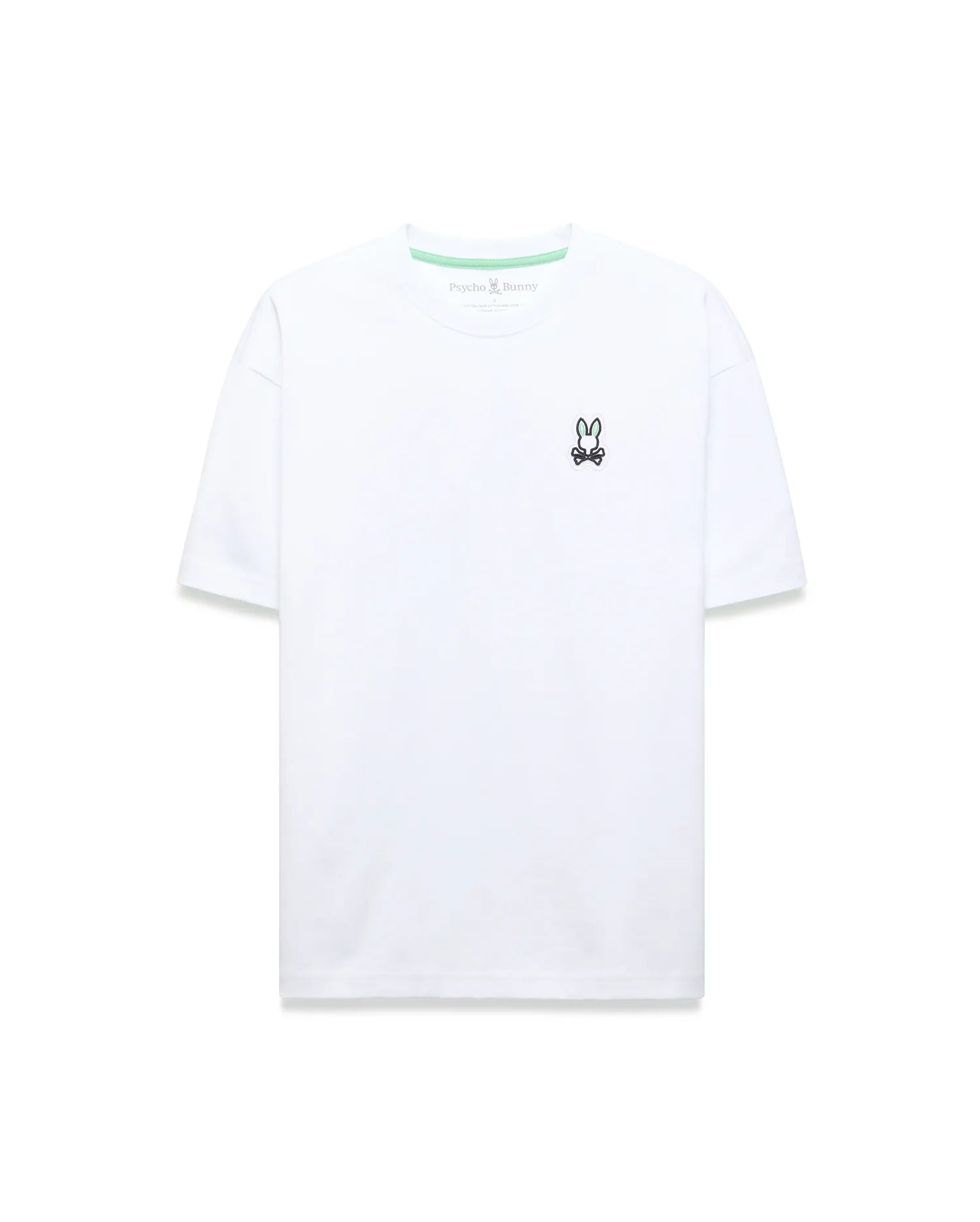 White Mens Jaydon Relaxed Fit Tee in smooth jersey knit, featuring a small embroidered Psycho Bunny skull logo on the left chest and green neck tape.
