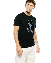 Mens Stan Graphic Tee, a black classic fit jersey t-shirt featuring a large center chest Psycho Bunny skull and crossbones logo with a white and light blue checkered pattern.