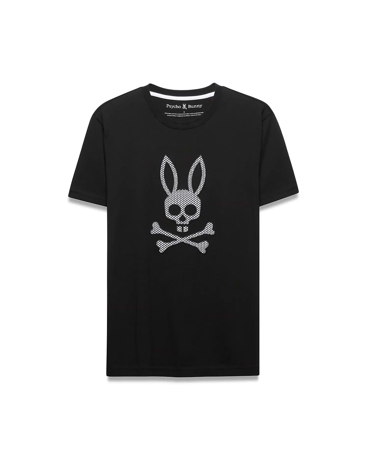 Black Mens Stan Graphic Tee, classic fit, smooth jersey knit, showcasing a large central white perforated Psycho Bunny skull logo graphic.