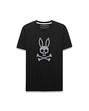 Black Mens Stan Graphic Tee, classic fit, smooth jersey knit, showcasing a large central white perforated Psycho Bunny skull logo graphic.