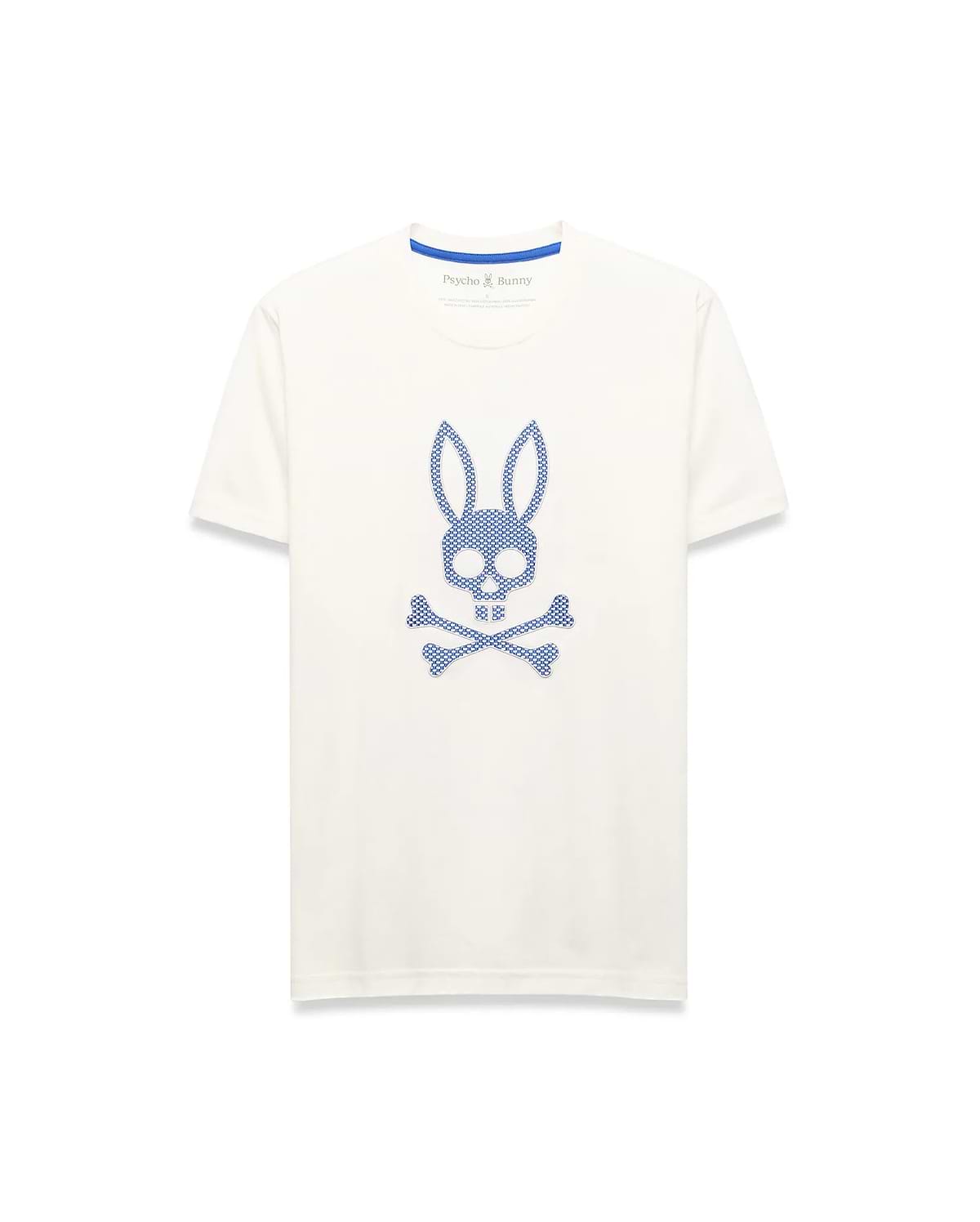 Mens Stan Graphic Tee, cream classic fit jersey knit t-shirt featuring a large central blue dotted Psycho Bunny skull logo and blue inner collar trim.