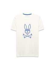 Mens Stan Graphic Tee, cream classic fit jersey knit t-shirt featuring a large central blue dotted Psycho Bunny skull logo and blue inner collar trim.