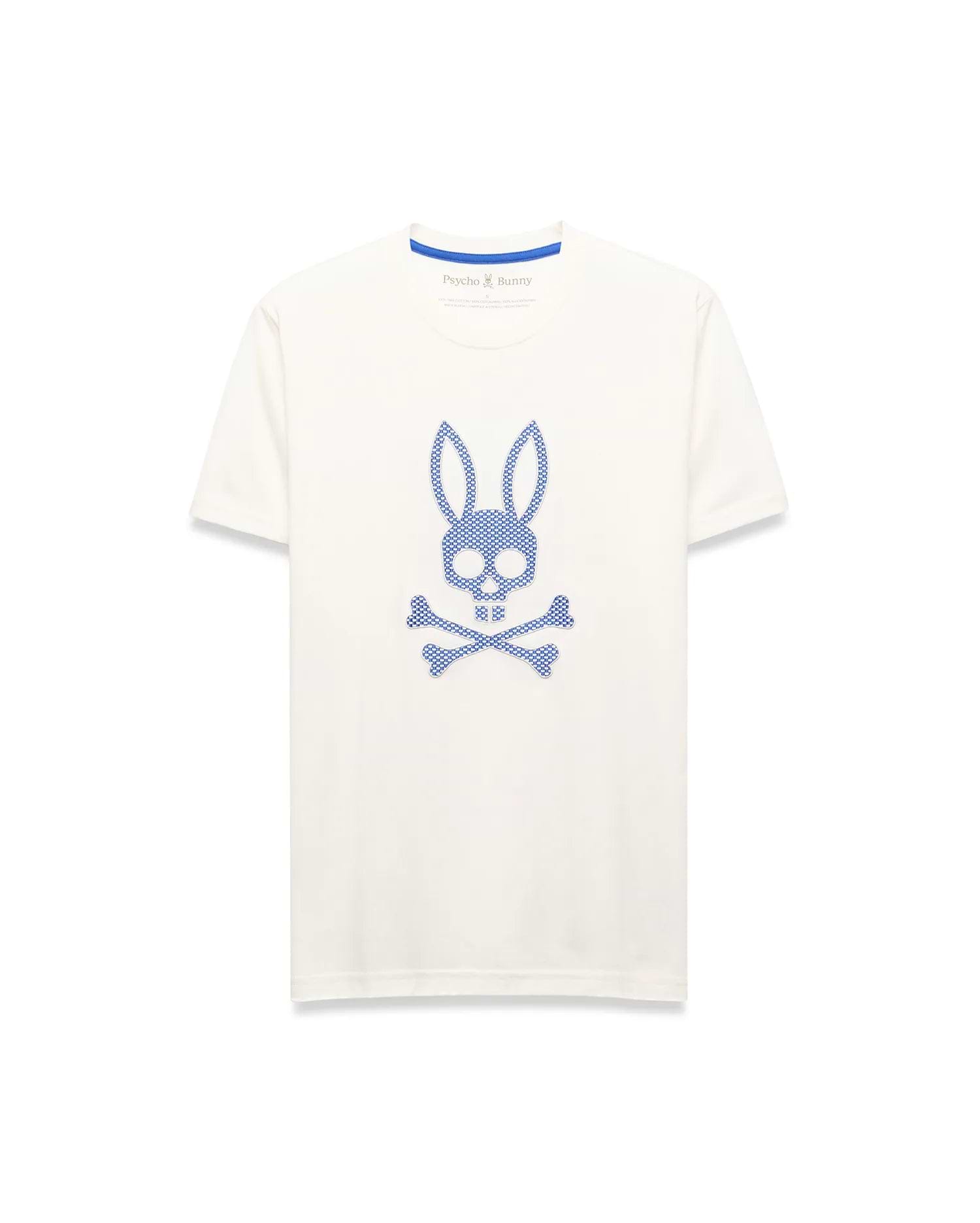 Mens Stan Graphic Tee, cream classic fit jersey knit t-shirt featuring a large central blue dotted Psycho Bunny skull logo and blue inner collar trim.