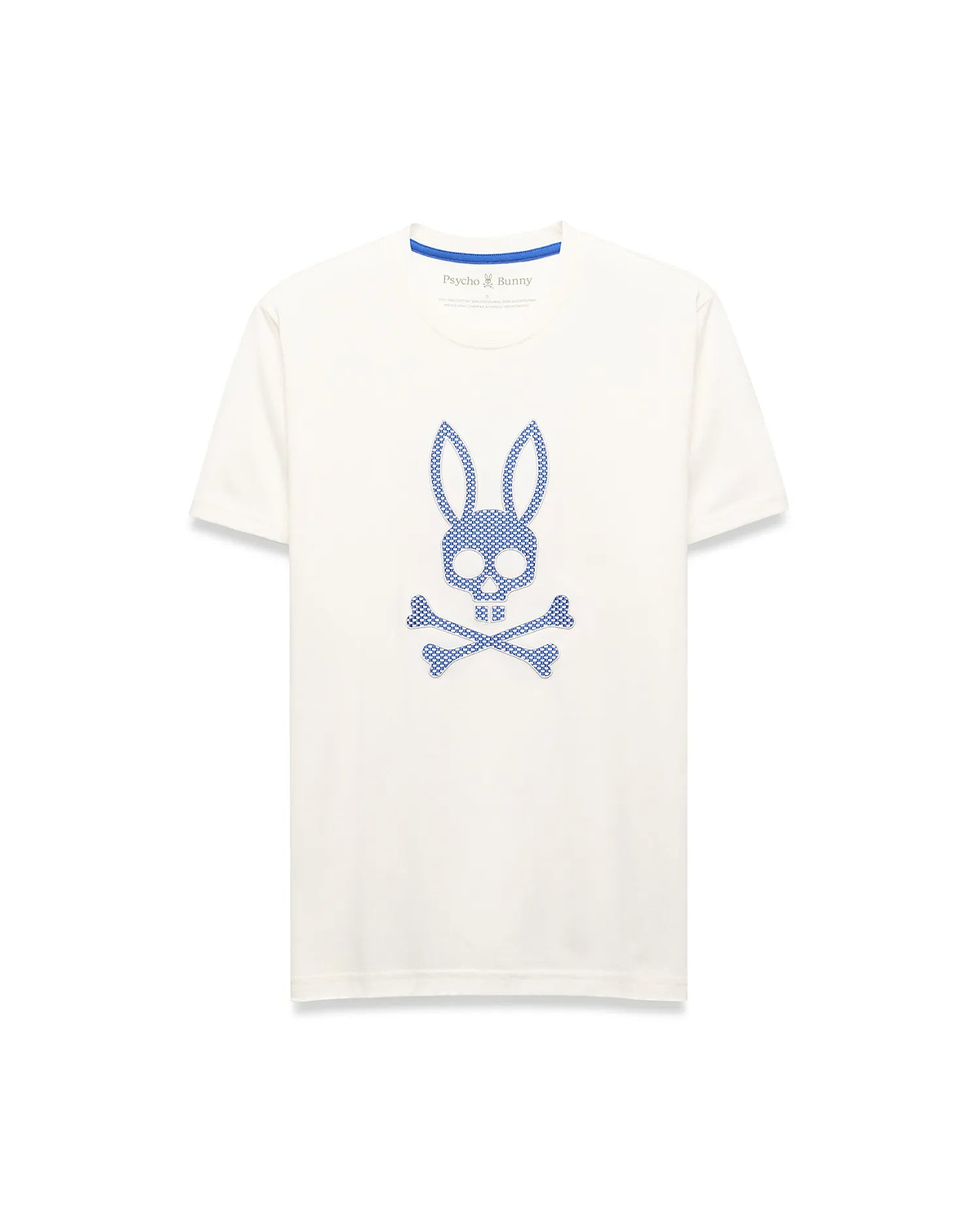 Mens Stan Graphic Tee, cream classic fit jersey knit t-shirt featuring a large central blue dotted Psycho Bunny skull logo and blue inner collar trim.
