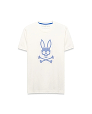 Mens Stan Graphic Tee, cream classic fit jersey knit t-shirt featuring a large central blue dotted Psycho Bunny skull logo and blue inner collar trim.