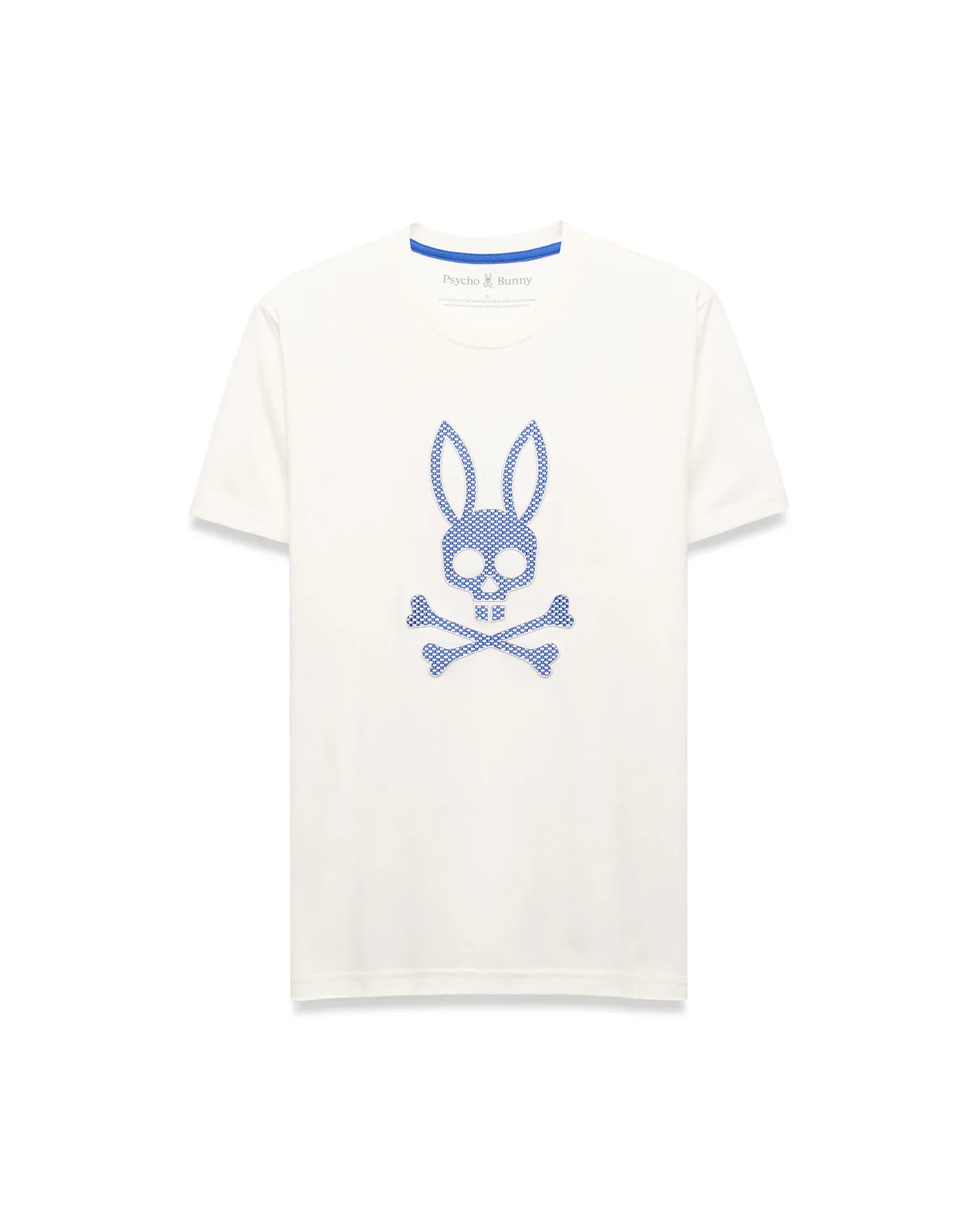 Mens Stan Graphic Tee, cream classic fit jersey knit t-shirt featuring a large central blue dotted Psycho Bunny skull logo and blue inner collar trim.