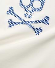 Mens Stan Graphic Tee in white smooth jersey, featuring a large embroidered Psycho Bunny skull and crossbones logo with a blue and white checkerboard pattern.