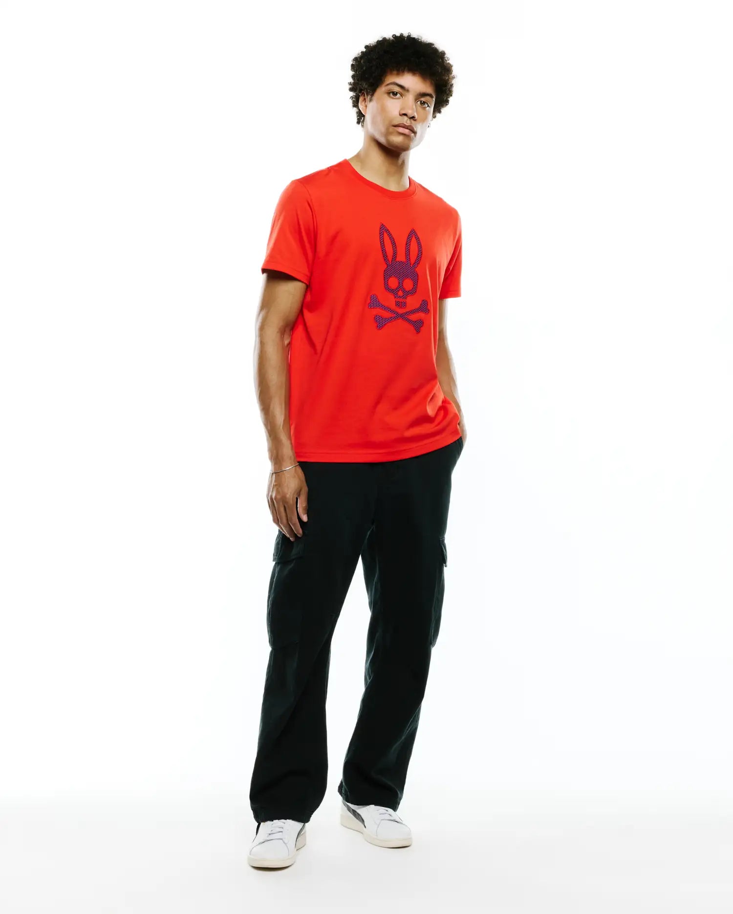 Mens Stan Graphic Tee, a classic fit red jersey knit t-shirt featuring a large, central chest graphic of the iconic blue/purple Psycho Bunny skull and crossbones logo.