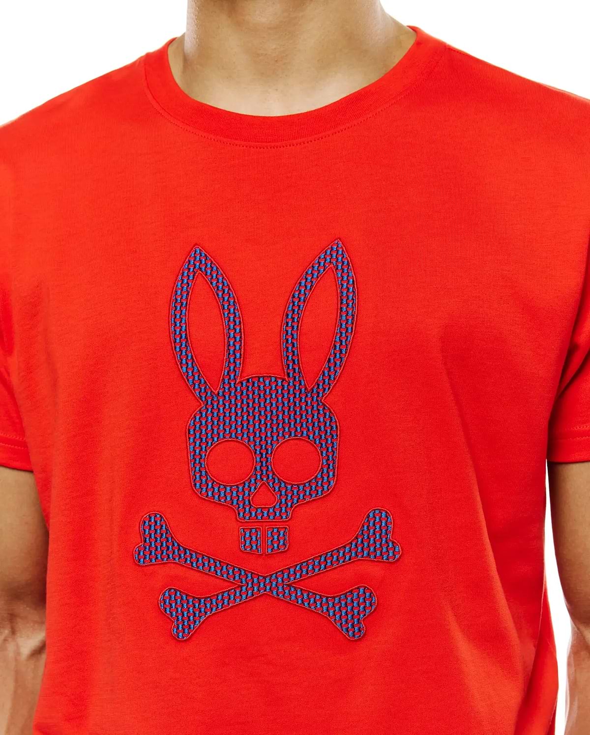 Mens Stan Graphic Tee, a classic fit red jersey knit t-shirt featuring a large central chest Psycho Bunny skull and crossbones logo with a blue and red patterned fill.