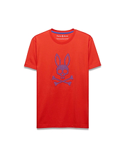 Mens Stan Graphic Tee, a vibrant red classic fit jersey t-shirt with a large, textured purple-blue Psycho Bunny skull and crossbones graphic on the center chest.