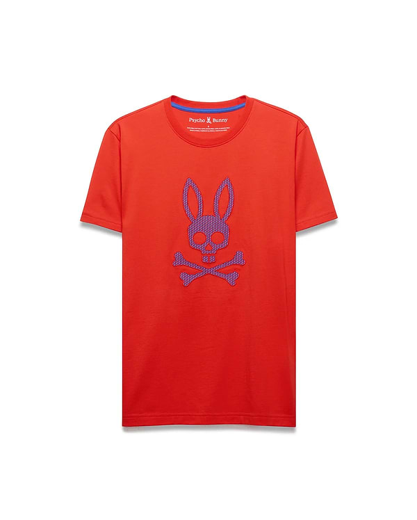 Mens Stan Graphic Tee, a vibrant red classic fit jersey t-shirt with a large, textured purple-blue Psycho Bunny skull and crossbones graphic on the center chest.