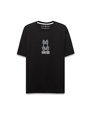 Mens Alex Relaxed Back Graphic Tee, a black jersey t-shirt with a large white outlined Psycho Bunny skull logo and stacked brand name graphic on the front, plus a white inner neck trim.
