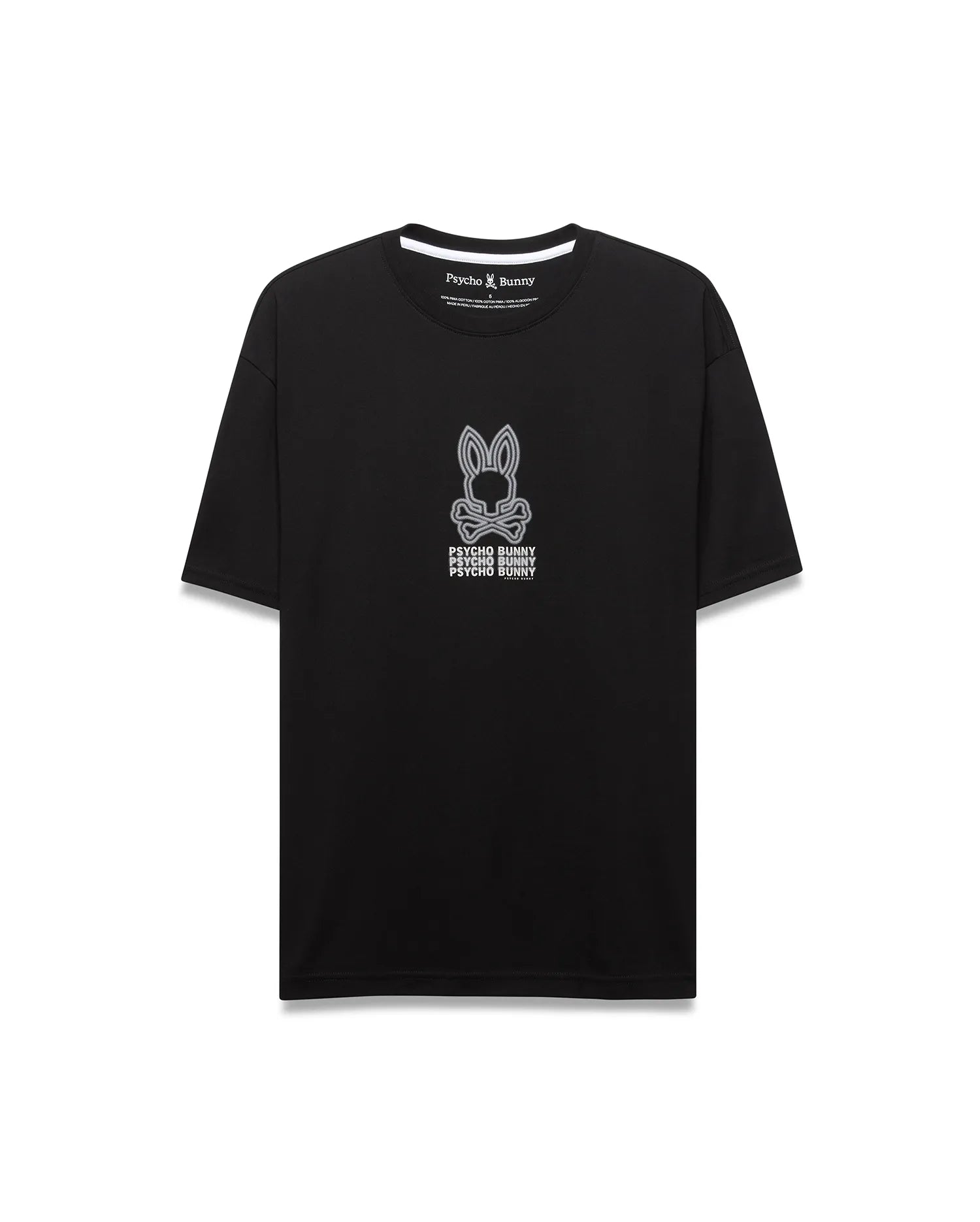 Mens Alex Relaxed Back Graphic Tee, a black jersey t-shirt with a large white outlined Psycho Bunny skull logo and stacked brand name graphic on the front, plus a white inner neck trim.