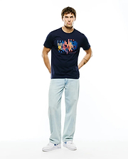 Navy Mens Zander Graphic Tee in classic fit jersey, featuring a large vibrant pixelated chest graphic integrating the iconic Psycho Bunny skull and brand text.