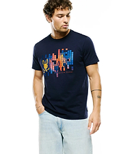 Mens Zander Graphic Tee, a navy blue classic fit jersey t-shirt featuring a large pixelated chest graphic with colorful Psycho Bunny skull logos and PSYCHO BUNNY text.