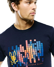Mens Zander Graphic Tee, navy blue classic fit jersey knit t-shirt with a large pixelated chest graphic featuring gradient orange, blue, and yellow bunny skull logos and Psycho Bunny text.