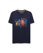 Mens Zander Graphic Tee, a navy classic fit jersey t-shirt featuring a large central pixelated graphic of multiple Psycho Bunny skull logos in vibrant orange, yellow, blue, and red, with Psycho Bunny text below.